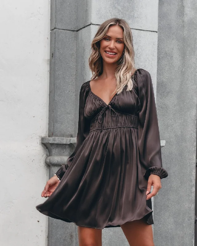 Autumn Soiree V Neck Mini Dress - Dark Brown Off-shoulder Bridal Gown