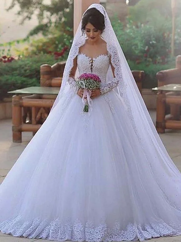 Ball Gown Sweetheart Long Sleeves Sweep/Brush Train Lace Tulle Wedding Dresses Silk Wedding Gown