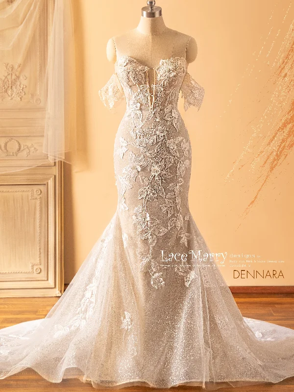 DENNARA / Floral Wedding Dress with Sparkling Glitter Tulle Timeless Wedding Dress