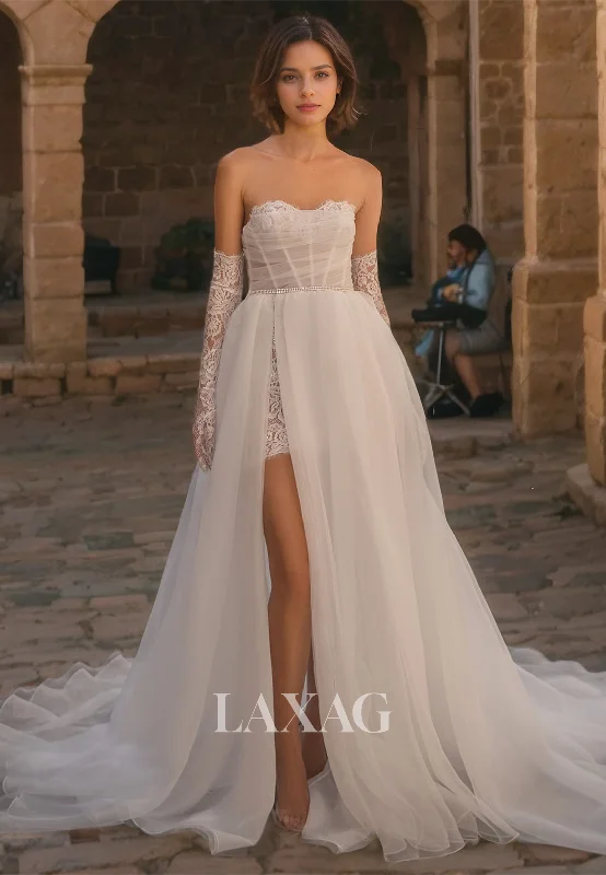 Fairytale A-Line Chathedral Train Strapless Sweetheart Appique&Organza Boho Beach Wedding Dress Off-shoulder Wedding Gown