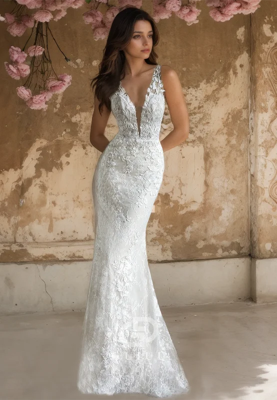 Gorgeous & Charming Plunging  V-Neck Lace Wedding Dress Fitted with Fully Lace Appliques Off-shoulder Bridal Dress