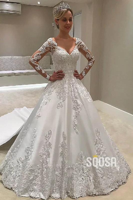 A-line Chic Illusion Long Sleeves Satin Appliques Rustic Wedding Dress with Detachable Train QW2260 Empire Waist Gown