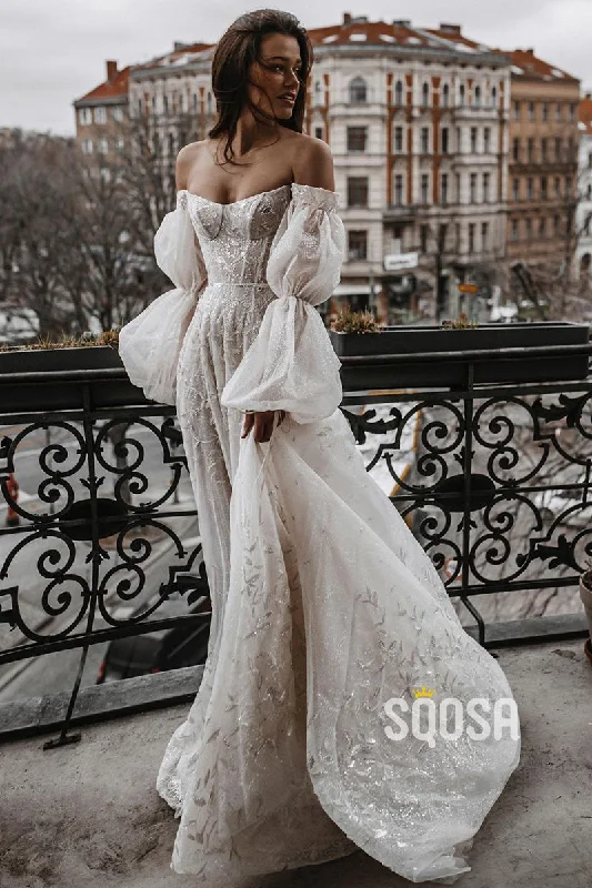 Unique Off-the-Shoulder Lace Wedding Dress Ivory Long Sleeves Bohemian Bridal Gown QW2705 Strapless Wedding Gown