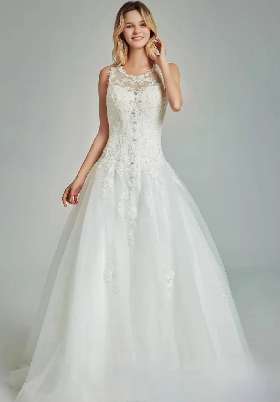 Elegant A-Line Sheer Back Bridal Gown With Appliques Sleeveless Wedding Dress