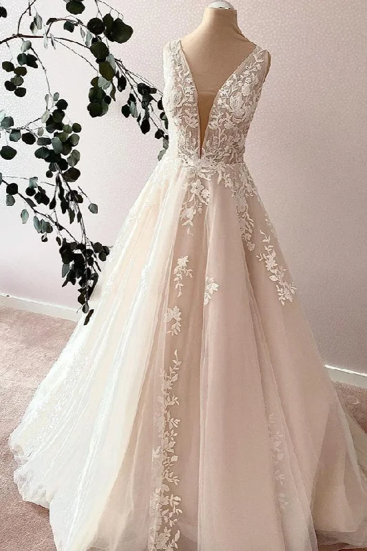 Elegant Long Sweetheart A-Line Tulle Appliques Lace Wedding Dress Beautiful Bridal Gown