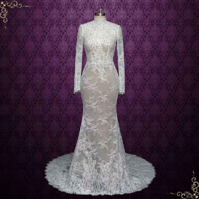 Fitted Lace Wedding Dress with High Neck and Long Sleeves | ALEAH Empire Waist Dress