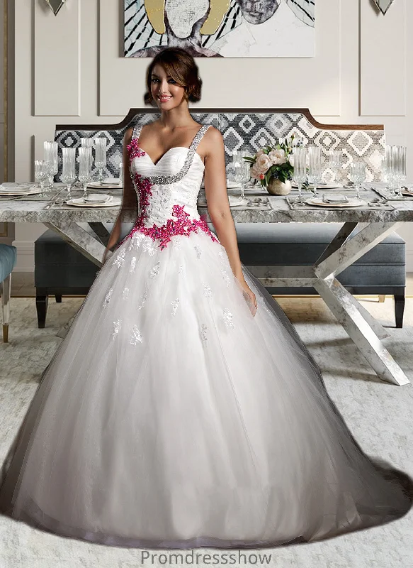 Jaylen Ball-Gown/Princess Sweetheart Chapel Train Tulle Wedding Dress With Ruffle Appliques Lace Bow(s) STKP0013780 Romantic Satin Dress