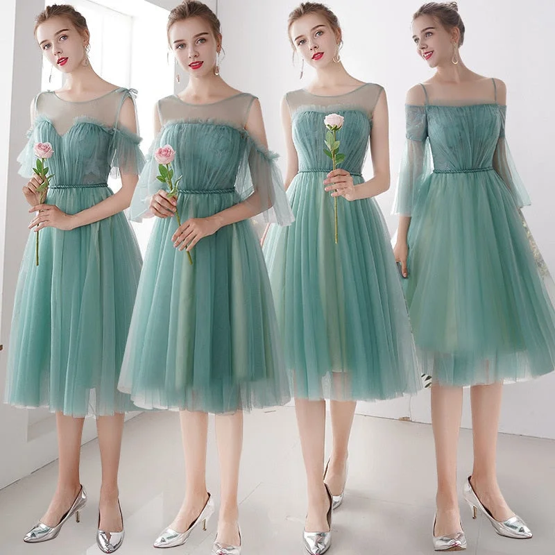 Knee Length O Neck Green Appliques Lace Shorter Sleeve A-line Bridesmaid Dresses Lace Boho Dress