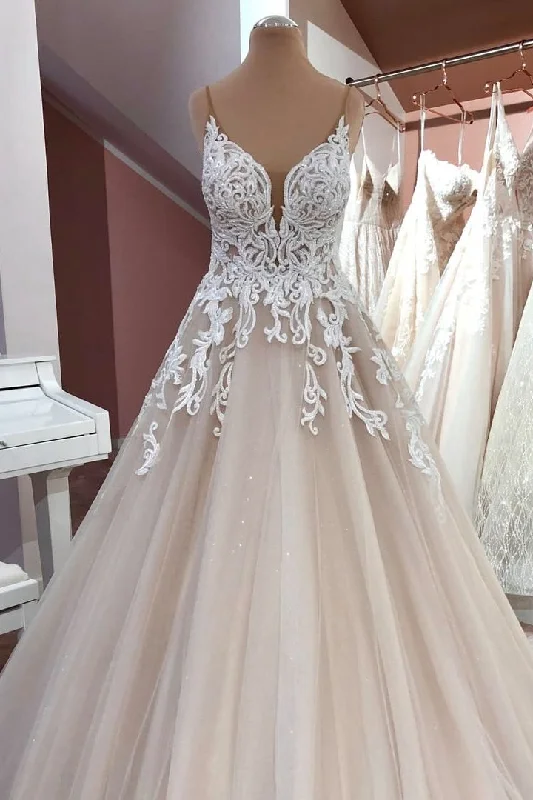 Long A-Line Sequin Tulle Spaghetti Straps Appliques Lace Wedding Dress Vintage Style Dress