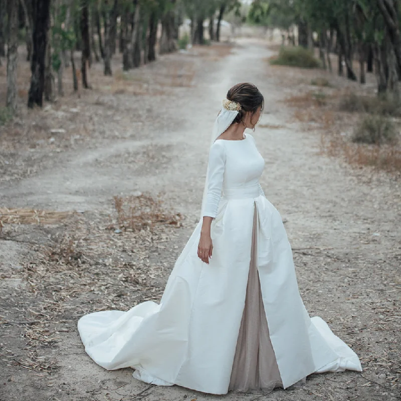 Long Sleeve Wedding Dress with Detachable Satin Skirt, Tulle A-Line Wedding Dress, KX1126 Mermaid Style Gown