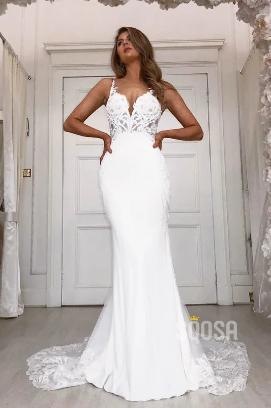 Sheath/Column Wedding Dress Chic Lace Appliques Bohemian Wedding Gowns QW2109 Modern Wedding Gown