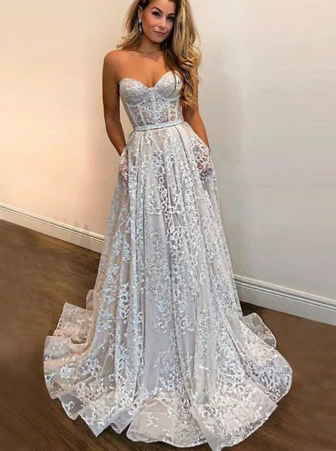 A-Line Sweetheart Sequins Long Prom Dress Lace Wedding Gown OW357 Lace Sleeveless Dress