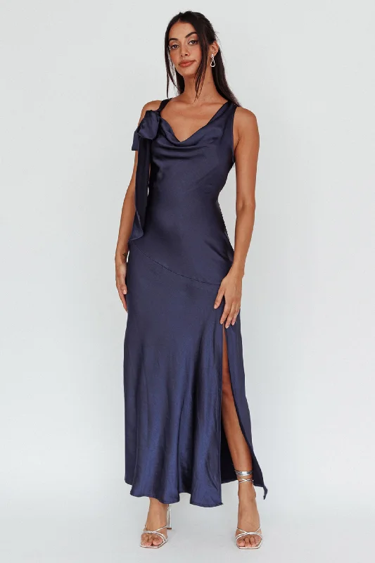 Averie Bow Shoulder Split Midi Dress Navy Wrap midi dresses