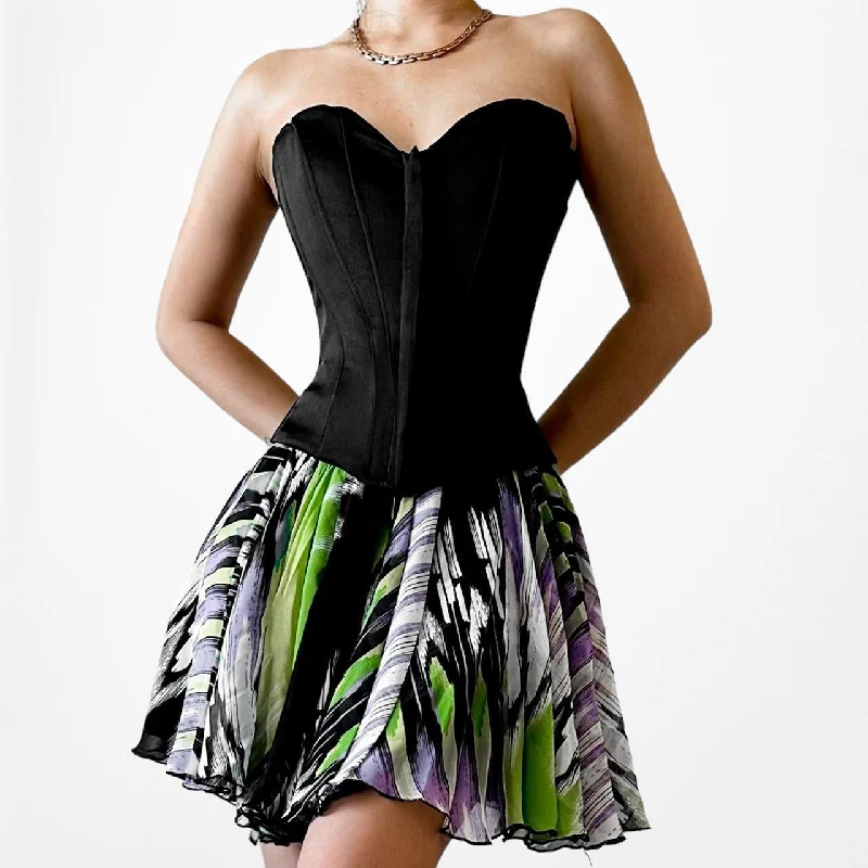 Bebe Black Silk White Purple Green Flared Pleated Skater Flowy Mini Skirt Size S Mini Skirt Chic