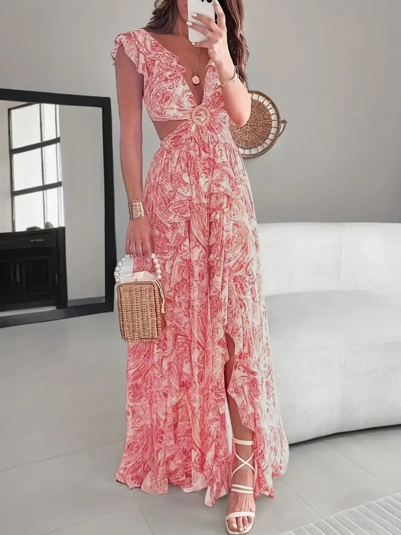 Cut-Out Waist Design Elegant Floral Maxi Dress Best value maxi dresses