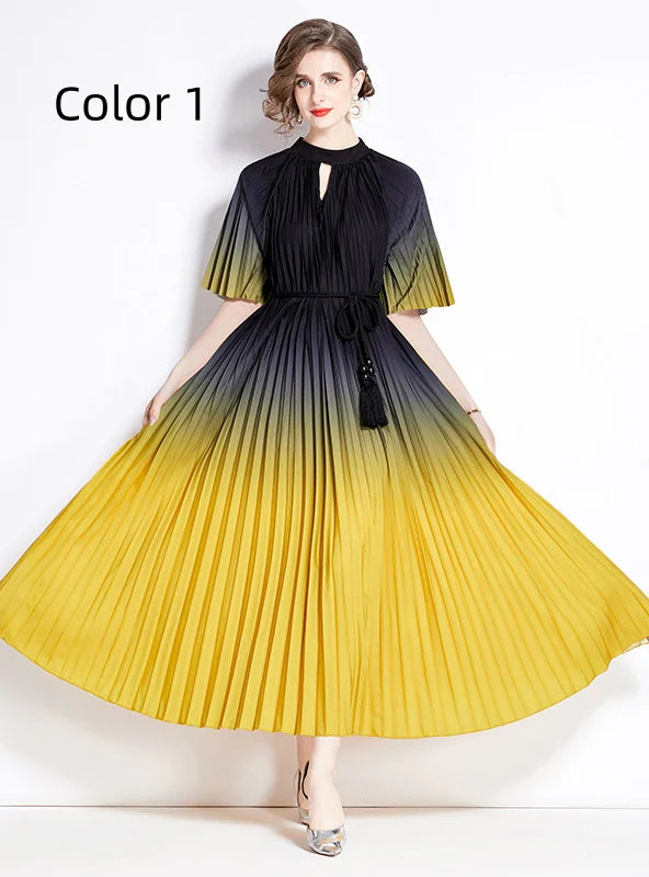 FASHION GRADIENT PRINT PLEATED LONG DRESS Best maxi dresses for elegant looks