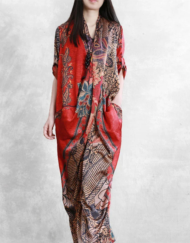 Mid-sleeve Loose Cross-body Vintage Silk Long Dress Luxury maxi dresses