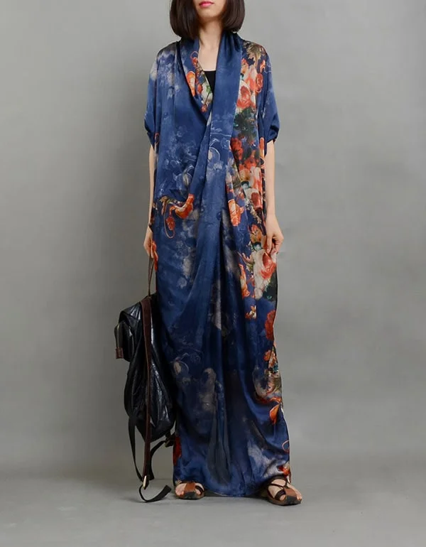 Vintage Printed Silk Cross Body V-Neck Maxi Dress Women's maxi dresses