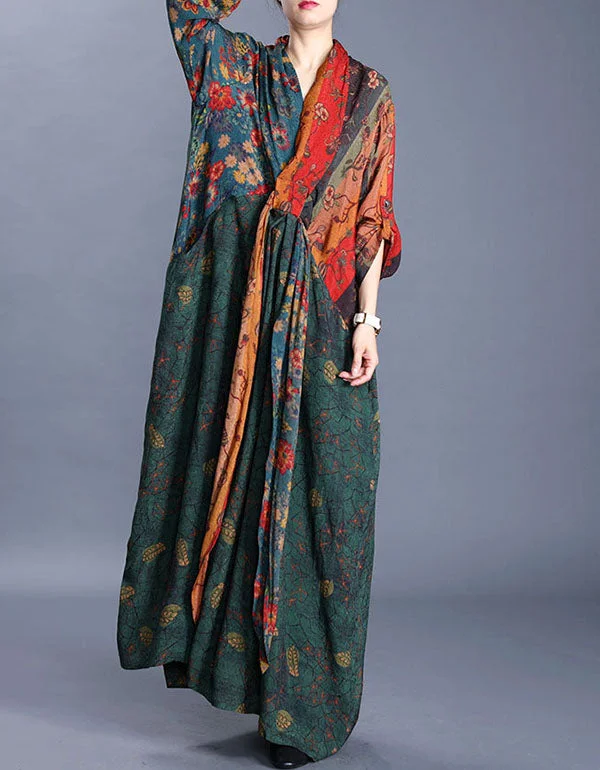 Vintage Printed V-Neck Irregular Maxi Dress 3/4 Sleeves Lightweight maxi dresses for hot weather