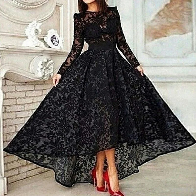 Black Long Sleeves Tea Length Lace Elegant Evening Gown Summer party dresses