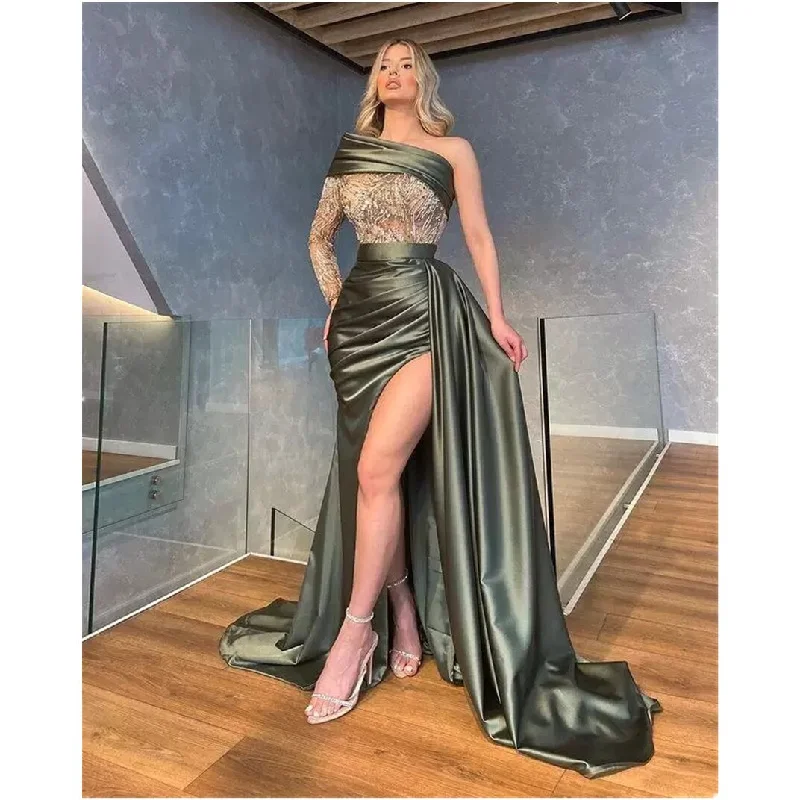 Unique Prom One Long Sleeve Mermaid Appliques Side Slit Evening Dress Formal party dresses