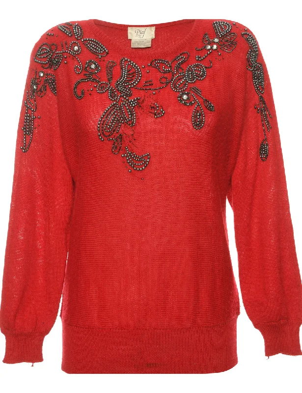 Embellished Red 1980s Jumper - S Embroidered unclassified dresses