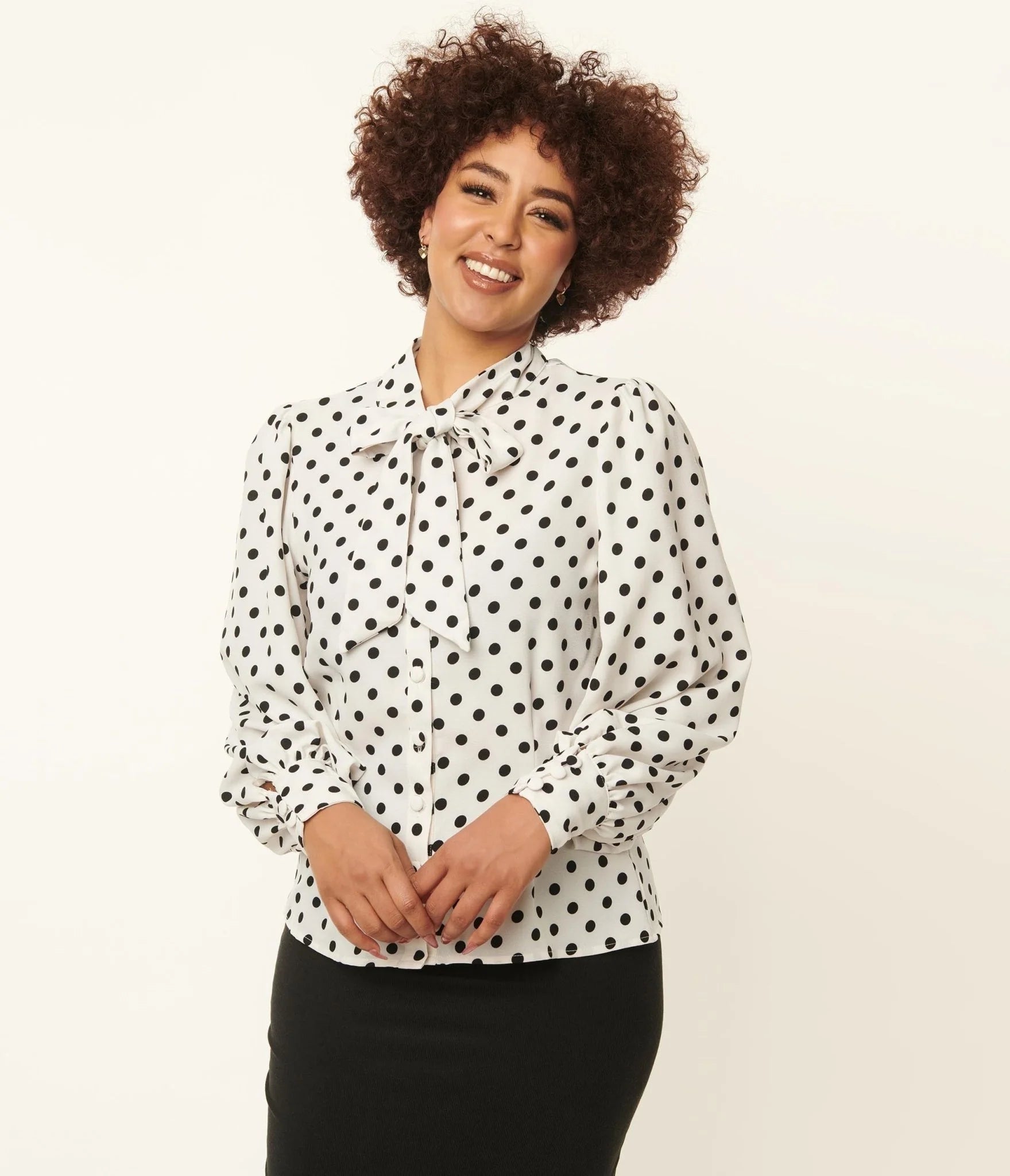 1940s White & Black Polka Dot Neck Tie Gwen Blouse by Unique Vintage Sexy unclassified dresses