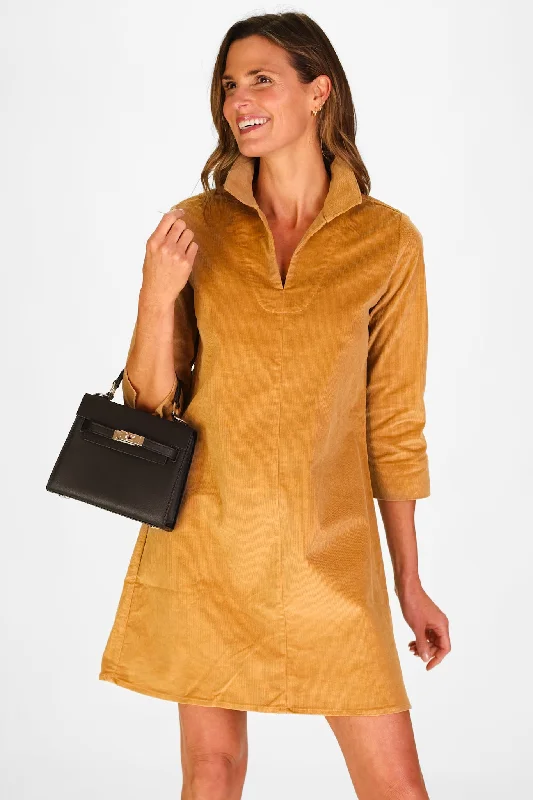 Victoria Dress in Camel Corduroy Off-shoulder unclassified dresses