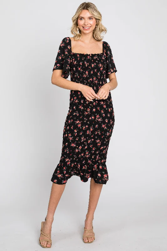 Black Floral Smocked Ruffle Hem Dress Flowy floral dresses