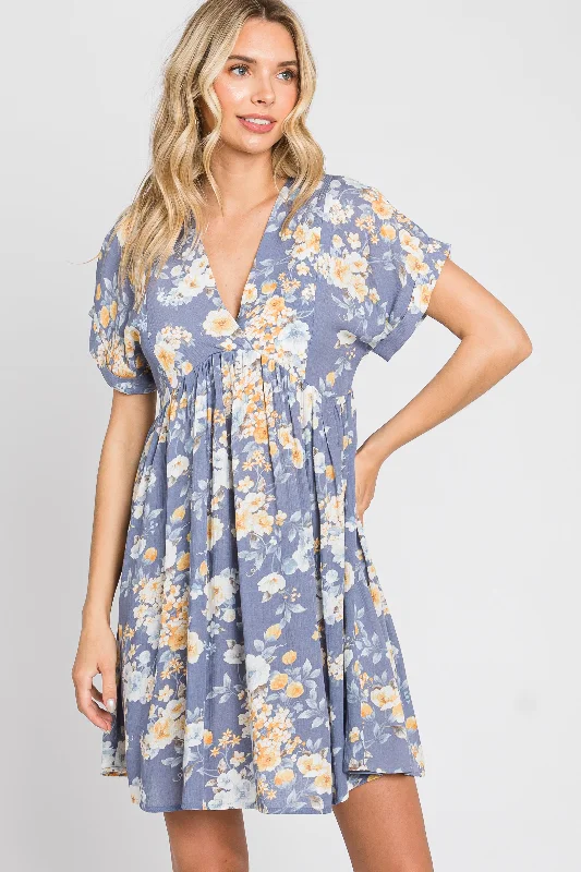 Blue Floral V-Neck Short Sleeve Dress Graduation floral dresses