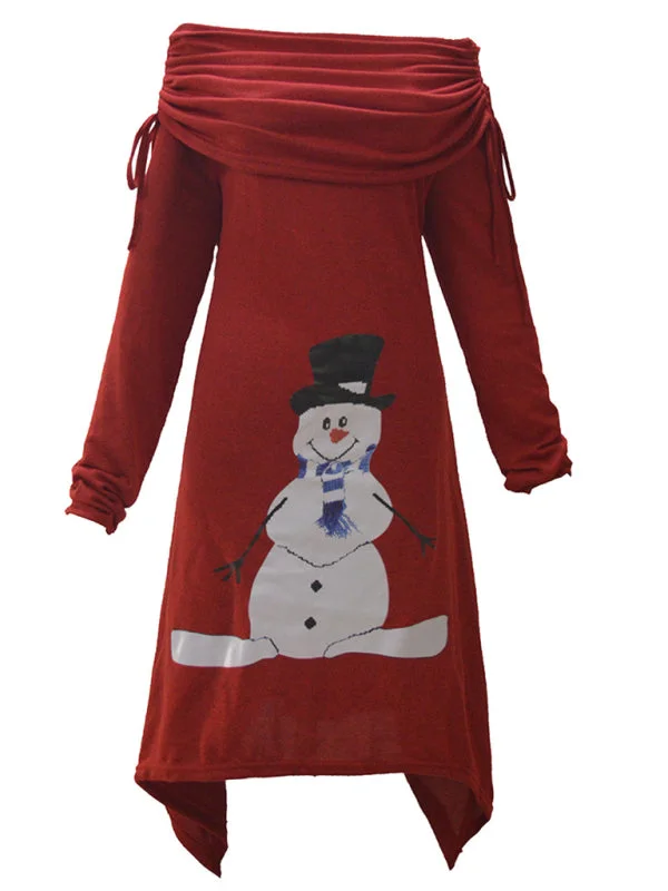 Christmas women's snowman print pleated collar irregular drawstring dress Velvet floral dresses