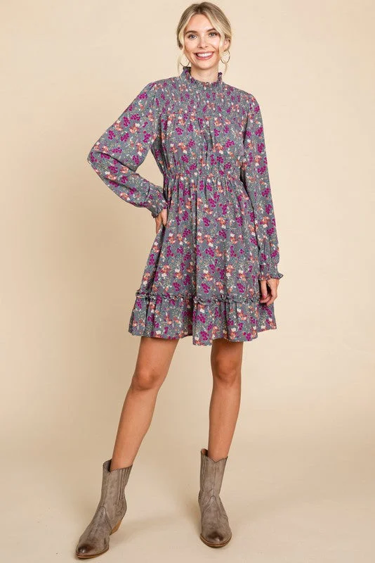 Grey Floral Print Smocked Yoke Dress Smocked floral dresses