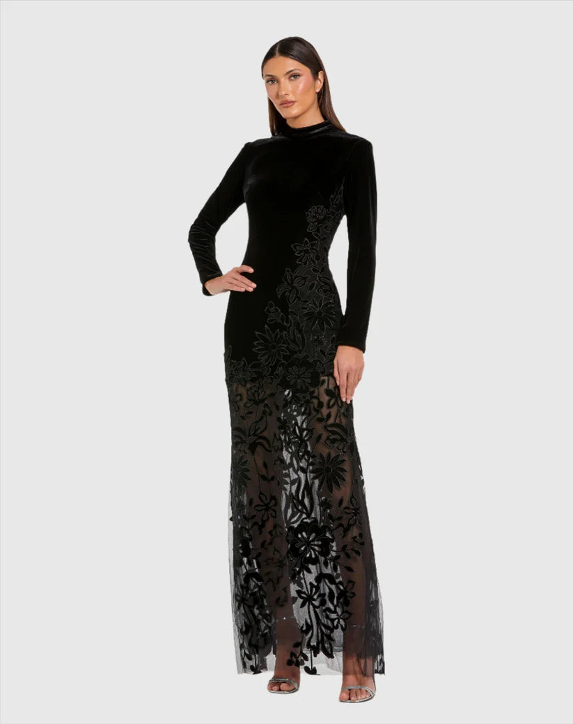 Long Sleeve Sheer Floral Embroidered Velvet Gown - Mac Duggal 20756 Cotton floral dresses