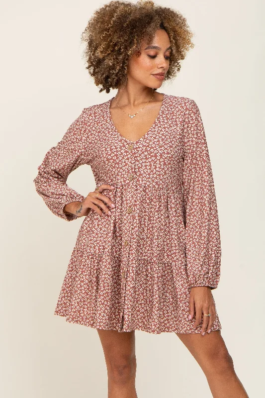 Mauve Floral Long Sleeve Tiered Dress Date night floral dresses