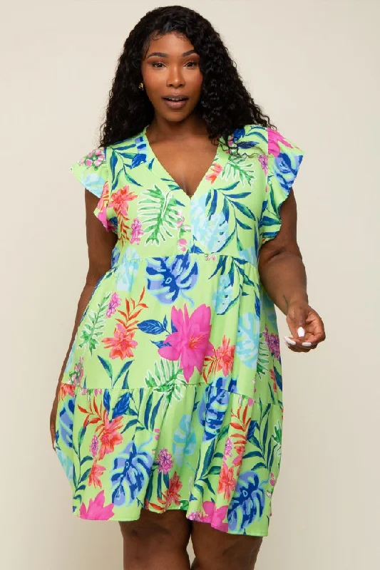 Mint Green Tropical Floral Print Plus Dress Chic floral dresses