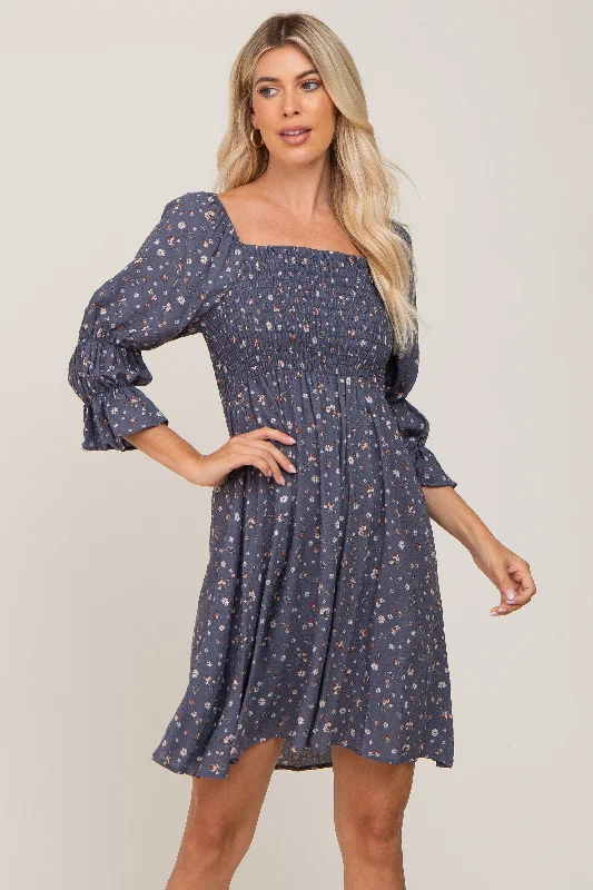 Navy Floral Ruffle Sleeve Smocked Dress Best floral dresses for beach vacations