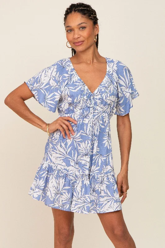 Periwinkle Palm Print Short Sleeve Ruffle Dress Forever 21 floral dresses