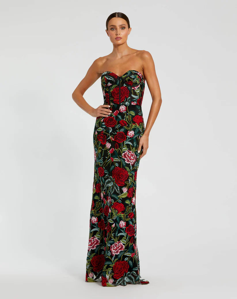 Sheer Bustier Top Floral Applique Gown - Mac Duggal 20757 Silk floral dresses