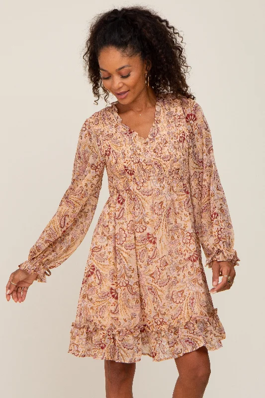 Taupe Paisley Print Long Sleeve Dress Anniversary floral dresses