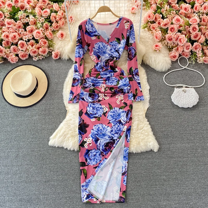 V-neck print slim split dress  3086 Maxi floral dresses