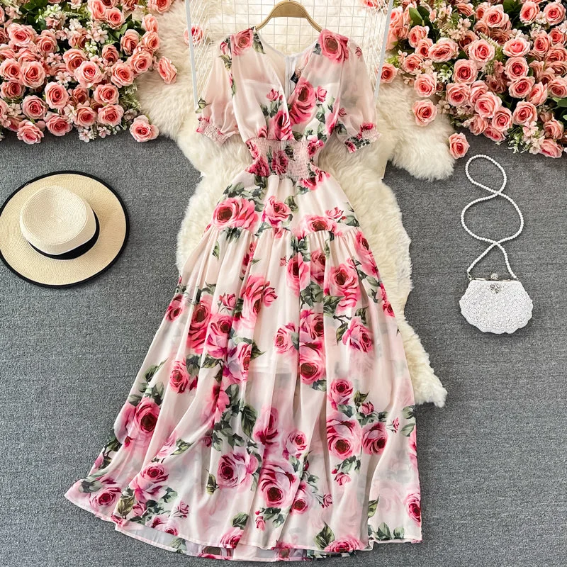 V-neck rose print dress elegant dress  3082 Wedding guest floral dresses