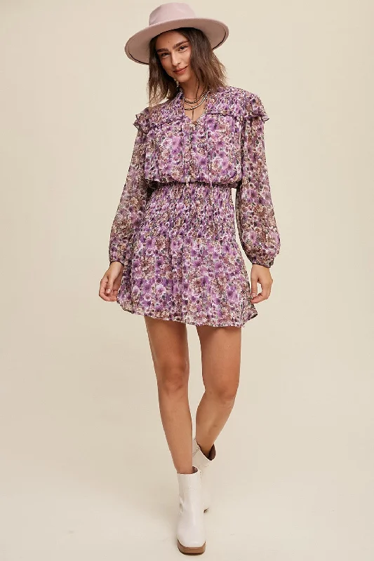 Violet Floral Print Ruffle Smocked Dress A-line floral dresses