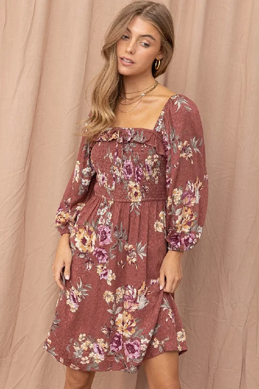 Wine Jacquard Floral Print Dress Vacation floral dresses