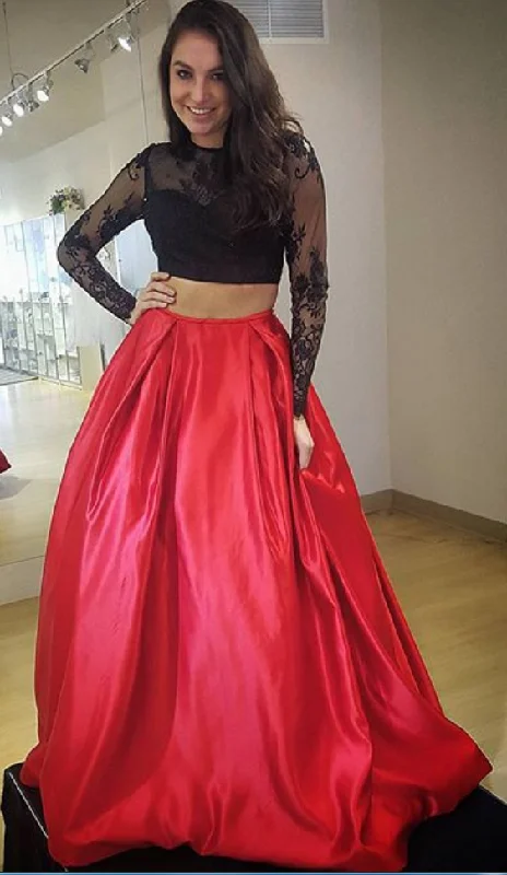 Black Two-Piece Satin Prom Dress with Red Accents, Long Sleeves, and A-Line Skirt, PD2303153 Vintage Maxi Skirt