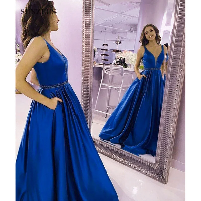 Breathtaking Blue Full Skirt Long Prom Dress with Pocket,A Line Satin Graduation Senior Formal Gowns Long Bold Maxi Skirt