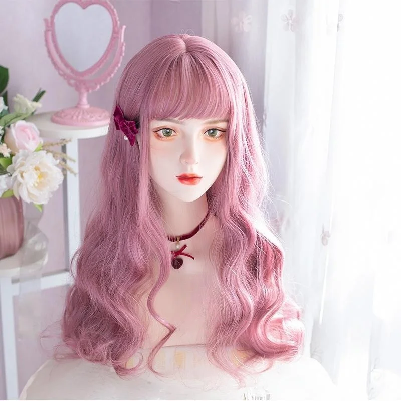 Cute Long Curly Coral Peach Pink Purple Wig YV476024 Summer Beach Maxi