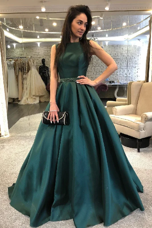 Dark Green Beaded Sash Satin A-Line Prom Dress with Long Skirt, PD23030141 Midi Maxi Outfit