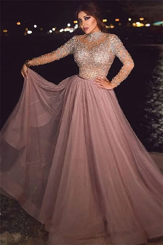 Dusty Rose Long Sleeve Beaded High Neck A-Line Tulle Prom, PD2303285 Maxi Skirt Outfit