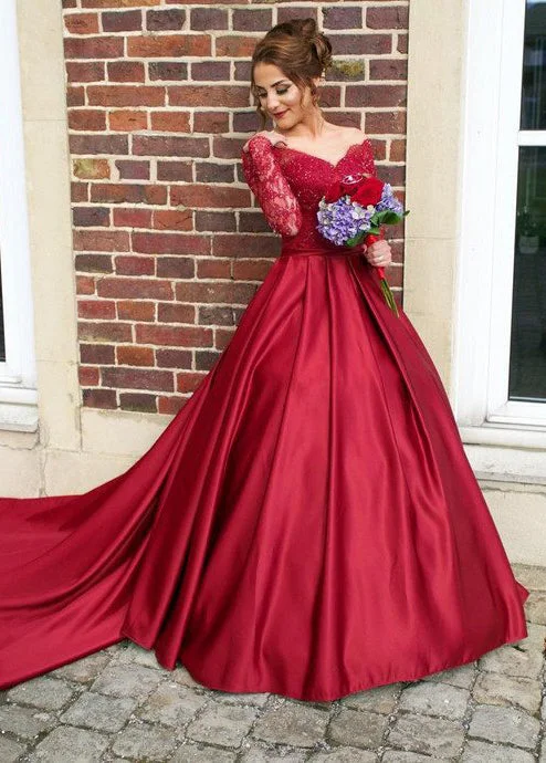 Elegant Red V-Neck Long Sleeve Beaded Satin Prom Gown, PD2311082 Tulle Layered Maxi