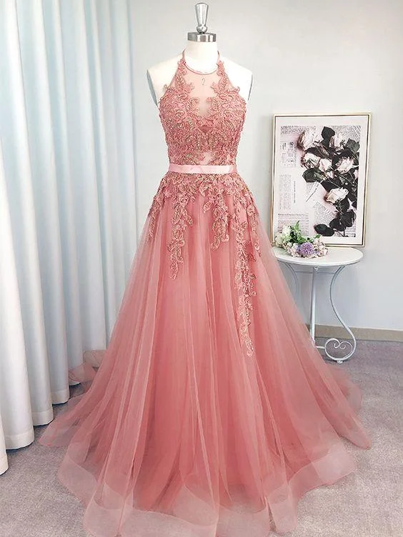 Halter Tulle A-Line Prom Dress with Long Pink Skirt, PD2303071 Printed A-line Maxi